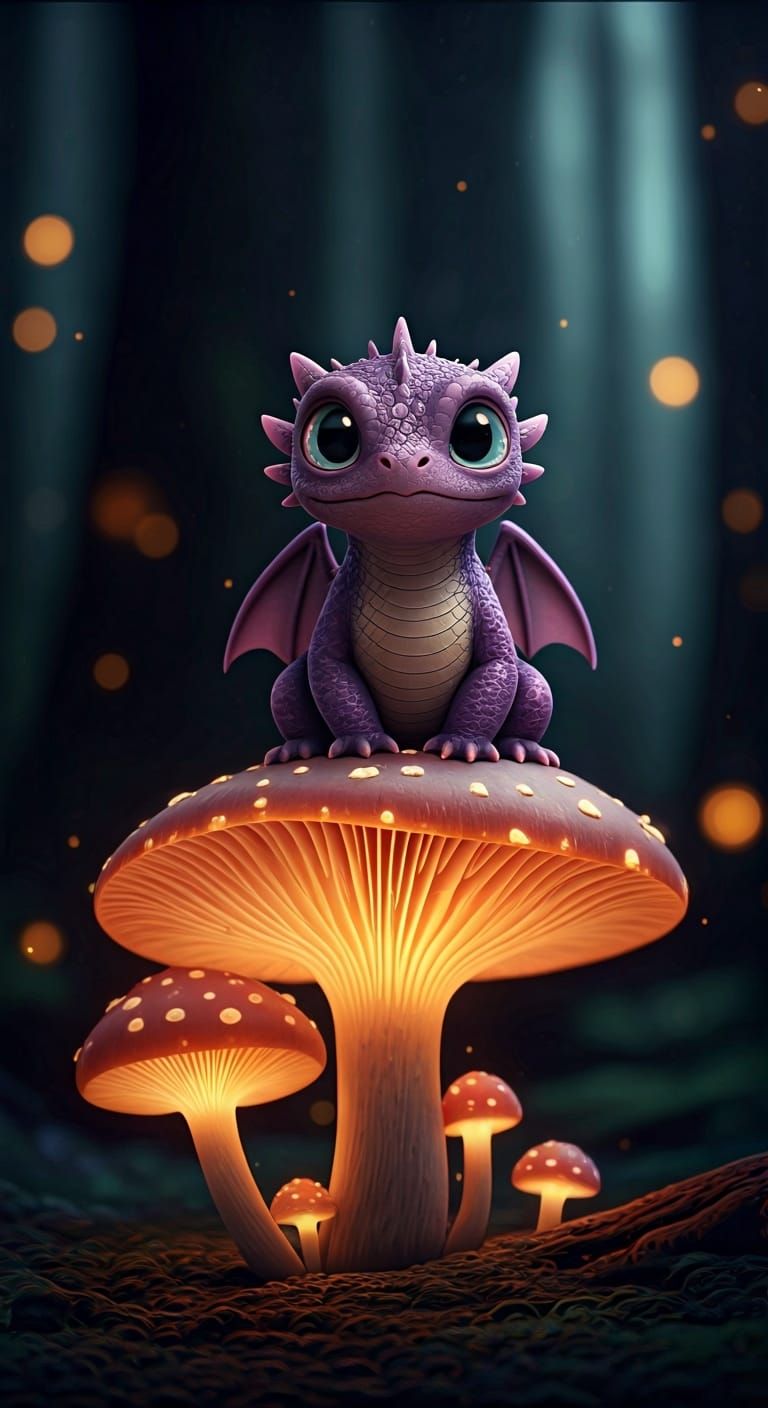 Purple Dragon Hatchling in Bioluminescent Forest
