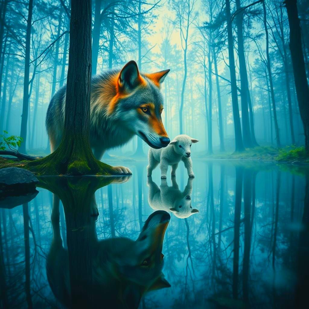 Surreal Wolf Reflection: Lamb in Forest Pool