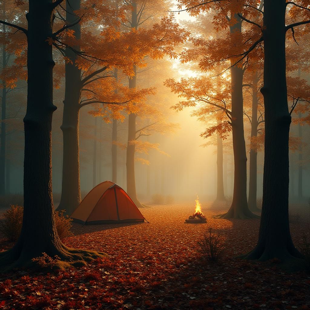 Camping in Autumn Forest at Dawn, Hyperrealistic Style
