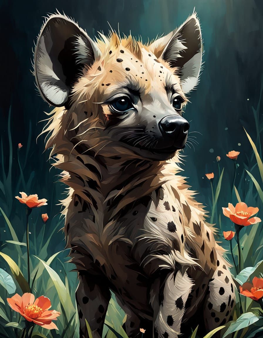 Surreal Baby Hyena Blooms in Vibrant Floral Wonderland