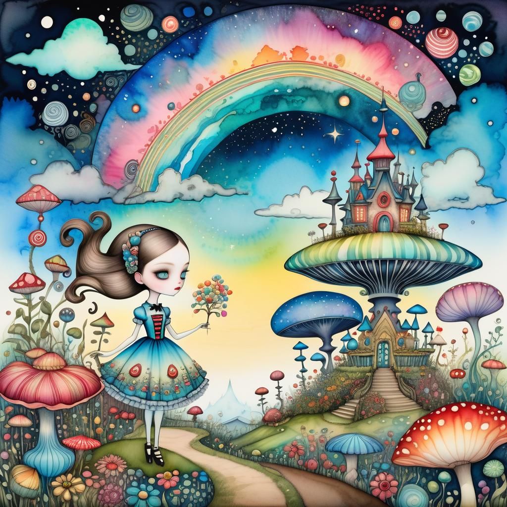 Surreal Fairytale Garden in Watercolor and Ink