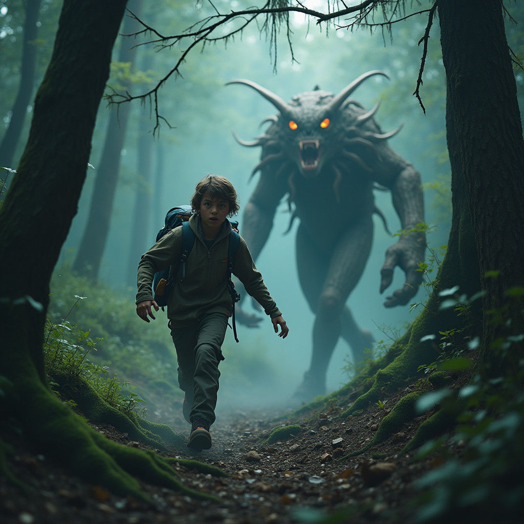Frightened Adventurer Pursued by Forest Monster