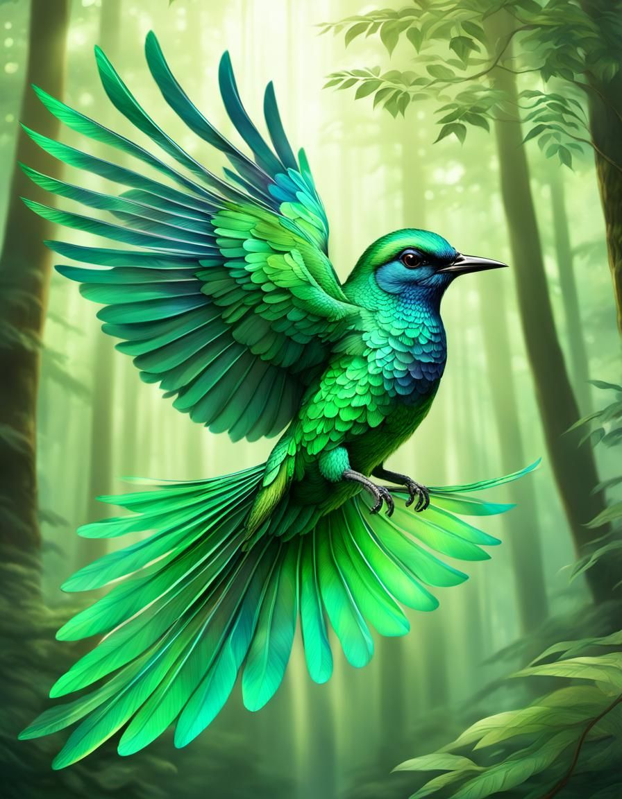 Shimmering Green Bird in Forest, Digital Illustration