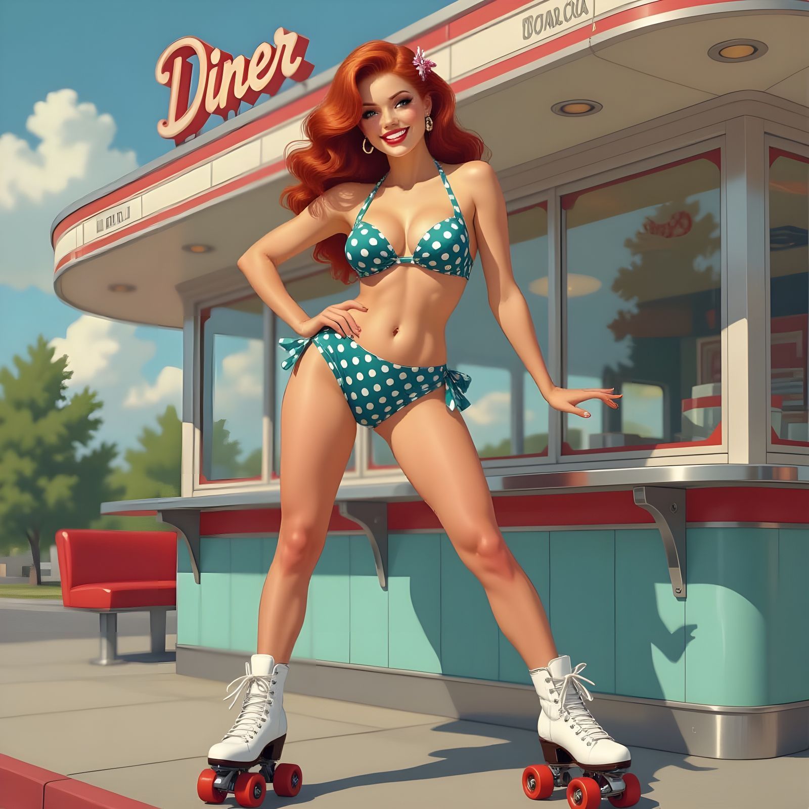 Redhead in Retro Diner: Hyperrealistic Pin-Up Art