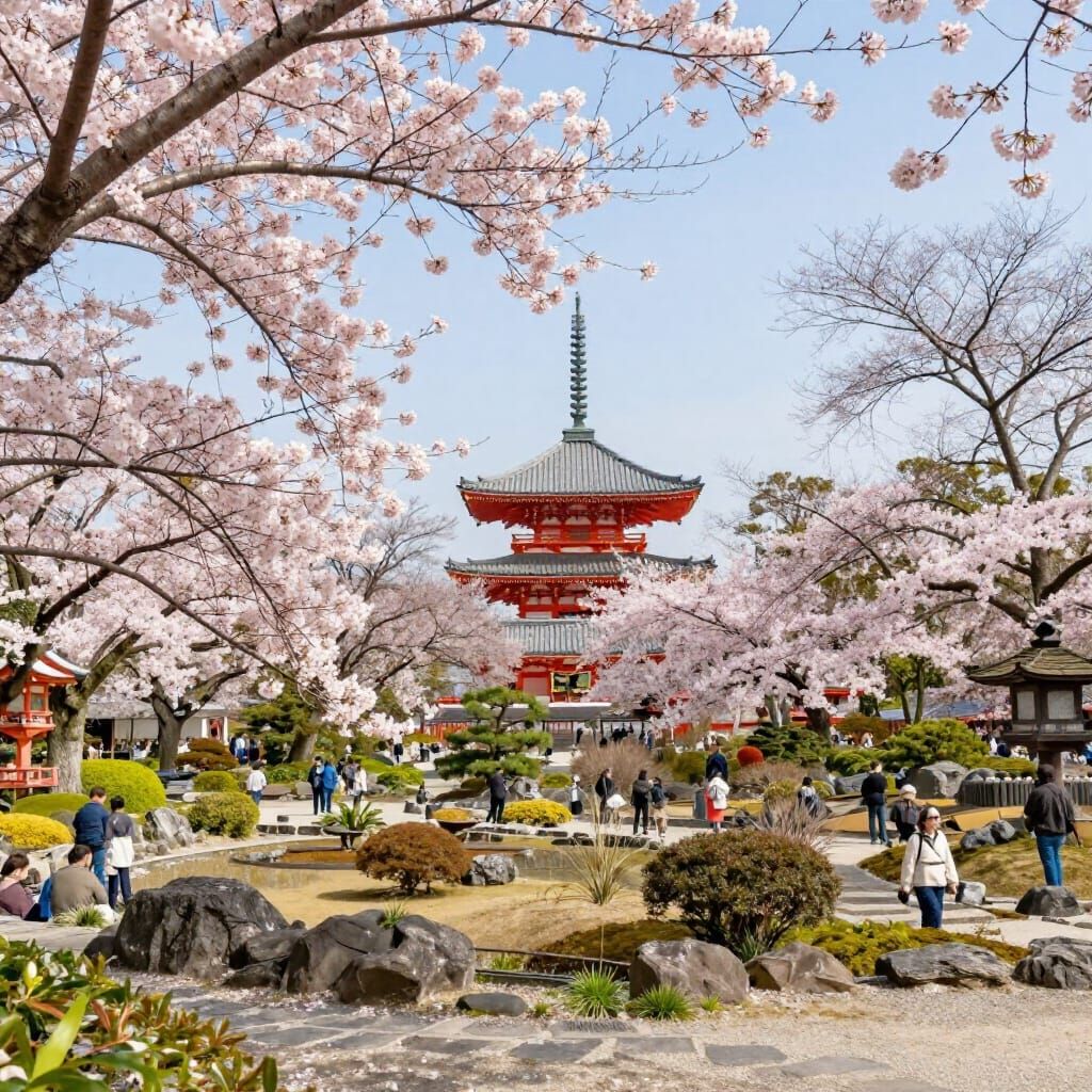 Vibrant Japanese Cherry Blossom Garden With Temple