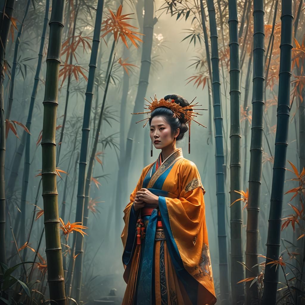 Chinese Mother in Misty Bamboo Forest: Fantasy Art