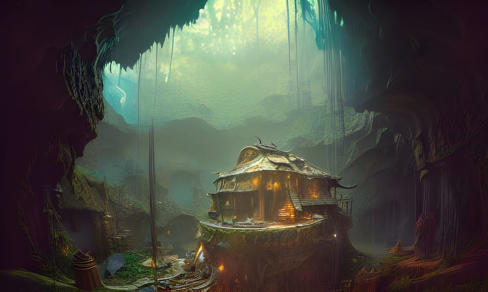 Elaborate Troll Cave with Sun Rays, Fantasy Art