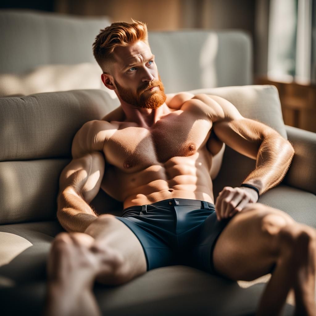 Ginger Muscle Man Relaxing on Sofa: Professional Photography