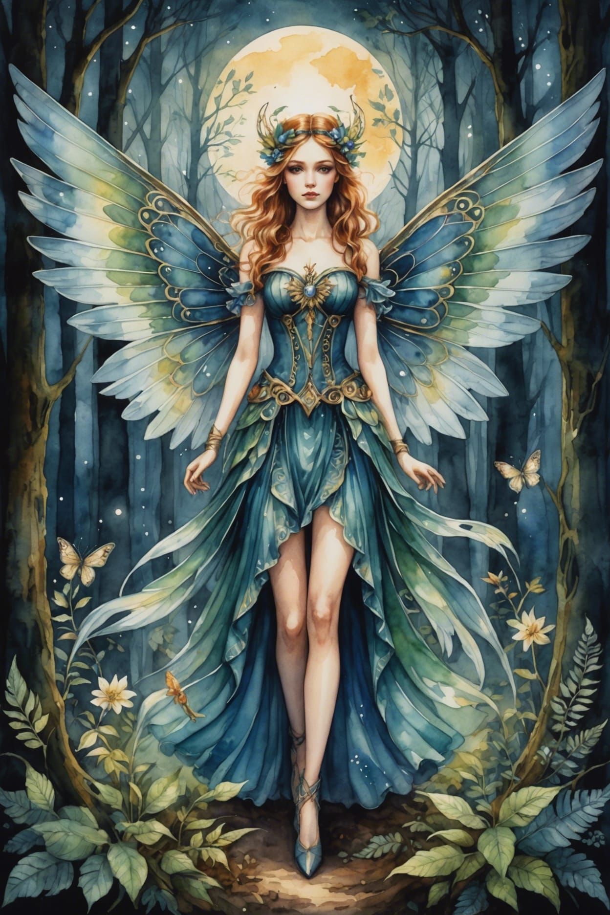 Steampunk Fairy in Moonlight Forest, Watercolour Painting