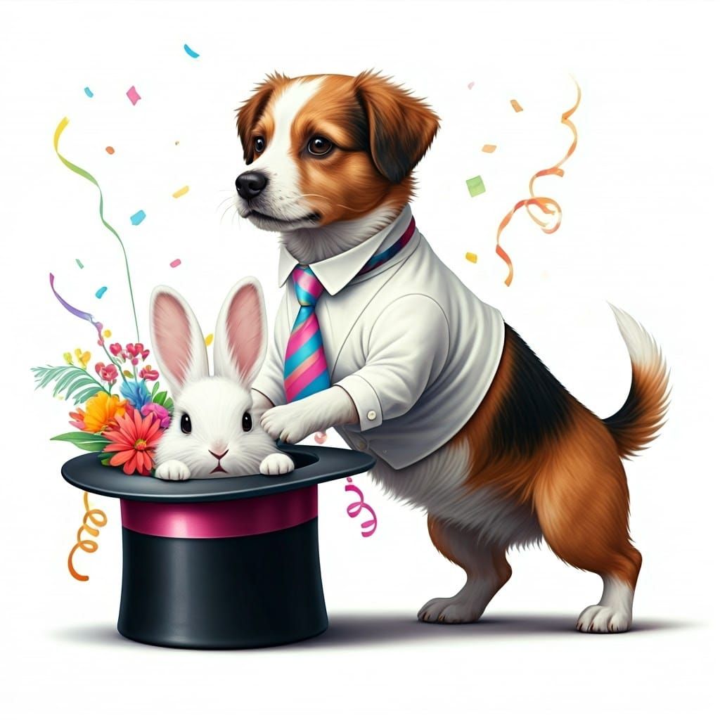 Dog Magician Pulls Rabbit from Hat, Digital Illustration