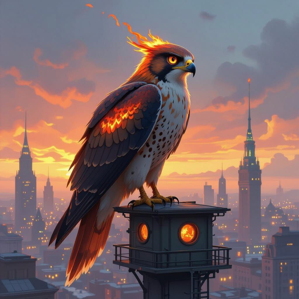 Majestic Fire Hawk Overseeing City, Atmospheric Landscape