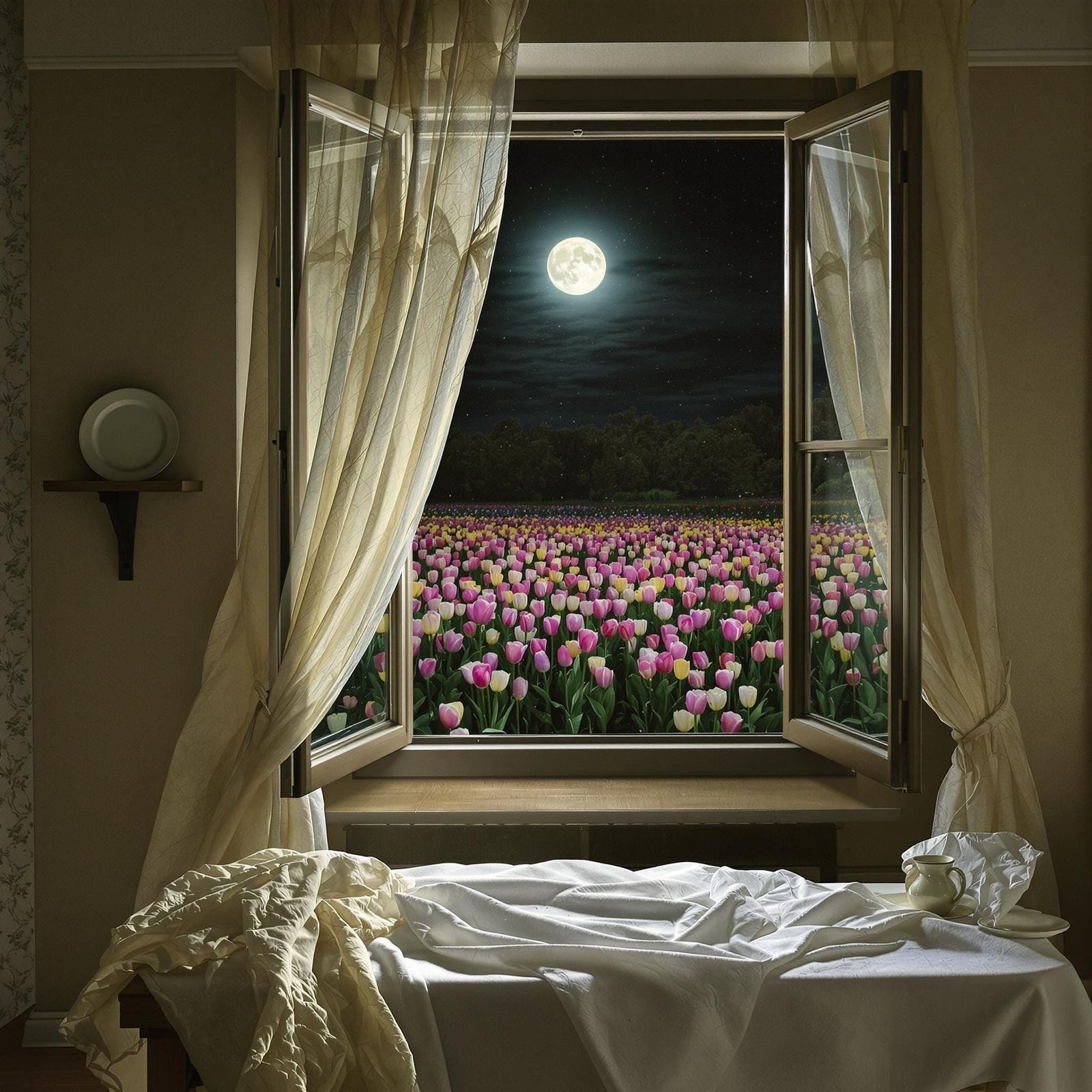 Moonlit Room with Billowing Curtain and Tulips