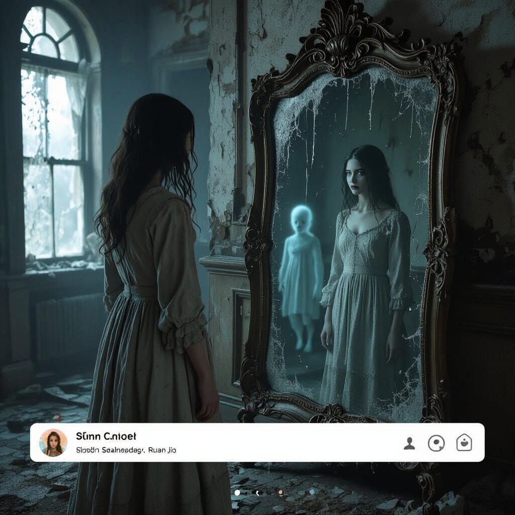 Eerie Mansion Mirror Reflection in Glitch-Art Style