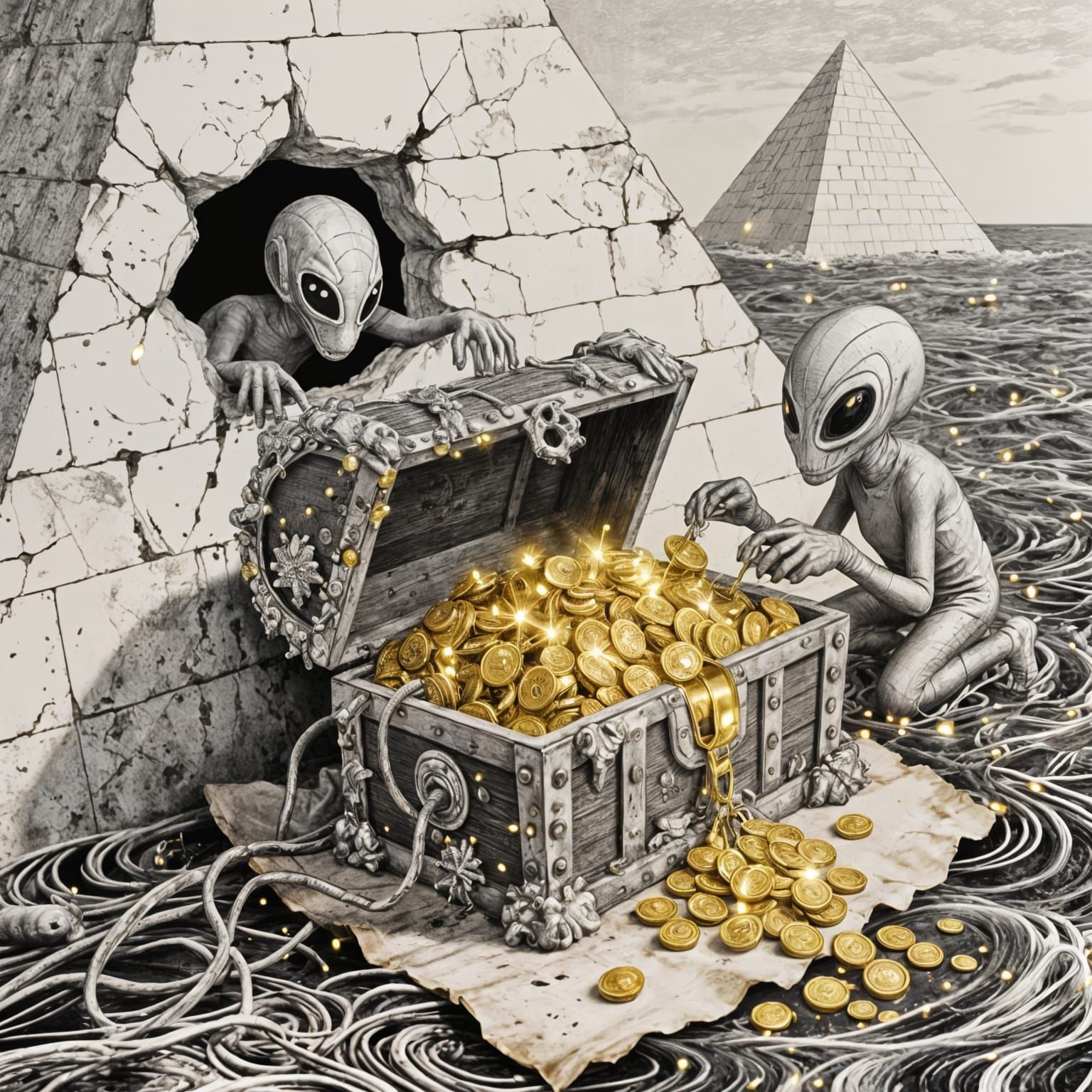 Aliens Repairing Treasure Chest: Ink Drawing