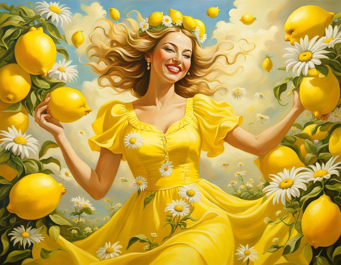 Surreal Woman in Yellow Dress with Lemons and Daisies