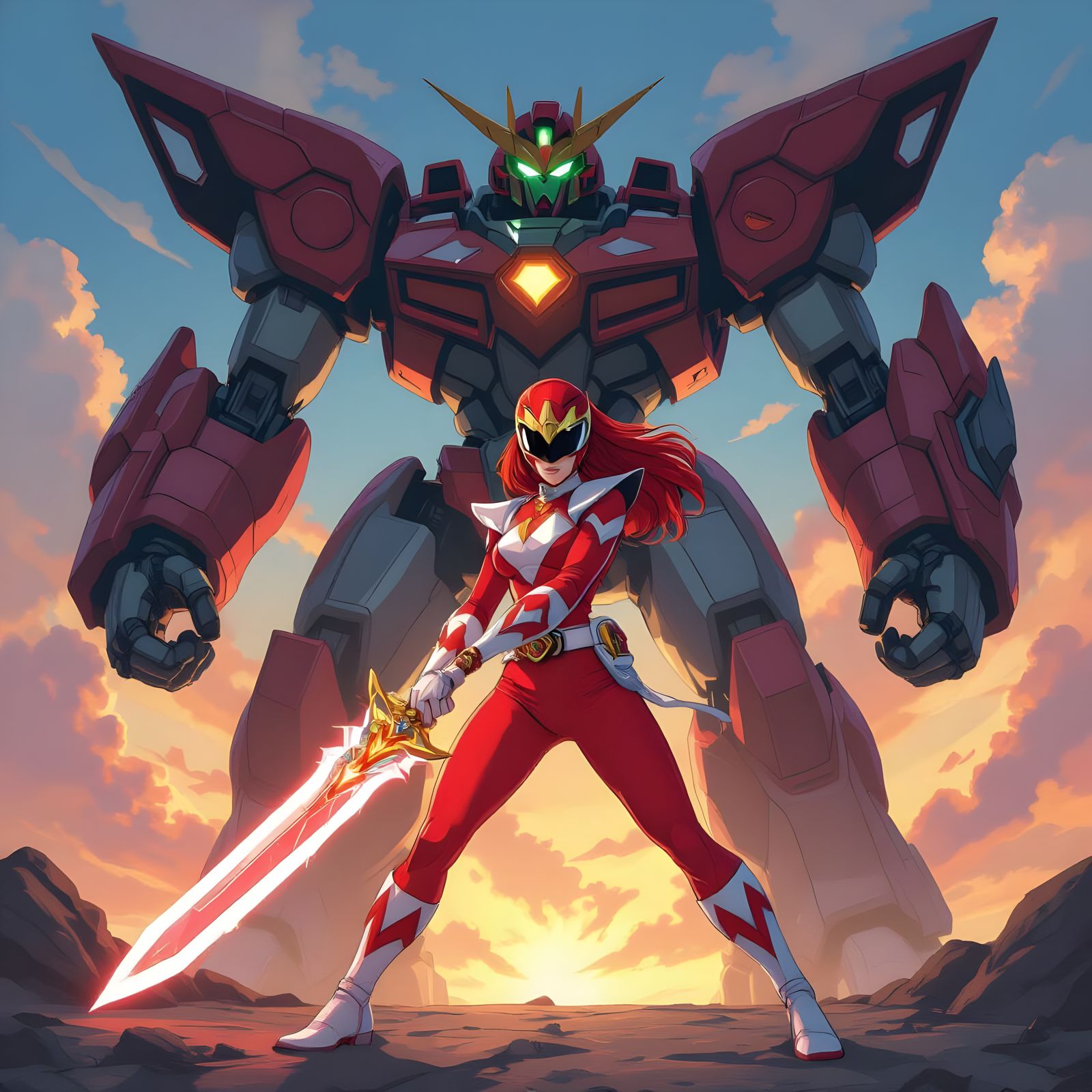 Red Female Power Ranger with Zord and Mystic Sword