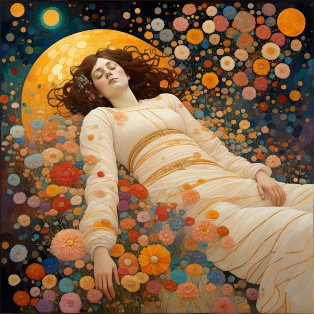 Astronaut Asleep Among Cosmic Flowers, Klimt Style