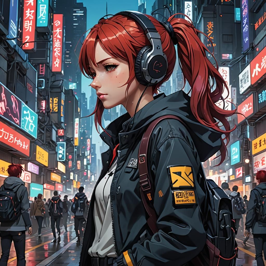 Cyberpunk Anime Girl with Red Hair, Cel-Shaded Style