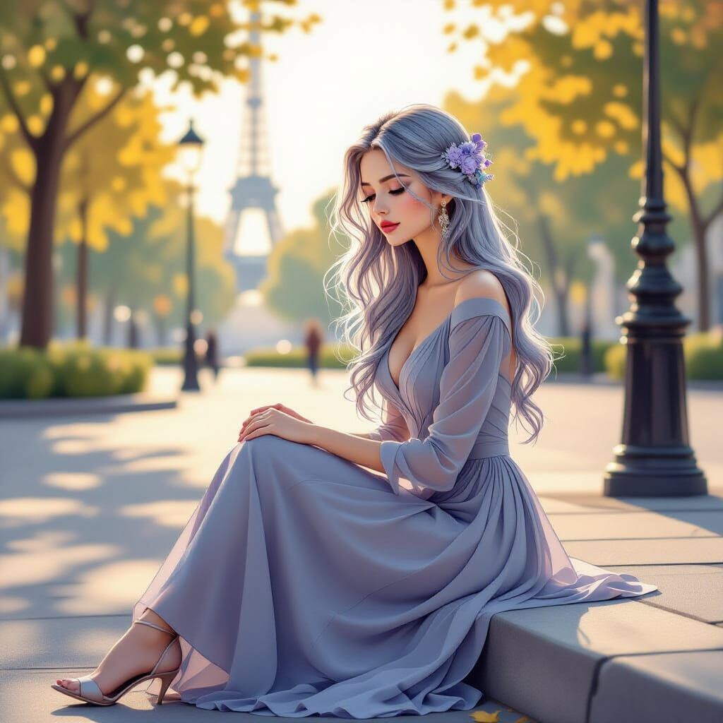 Young Woman with Blue-Purple Hair on Sidewalk