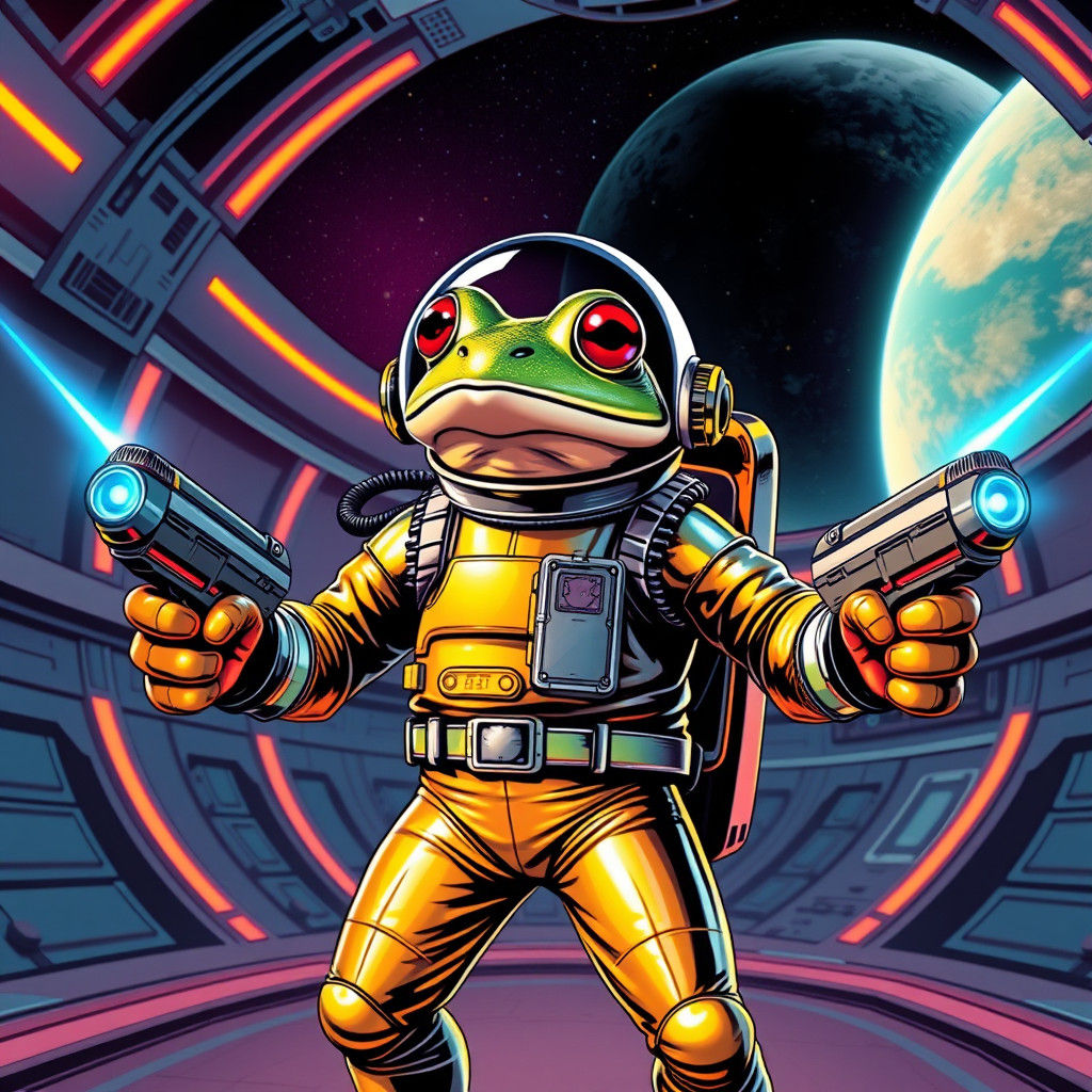 Retro Sci-Fi Frog Warrior in Space Station