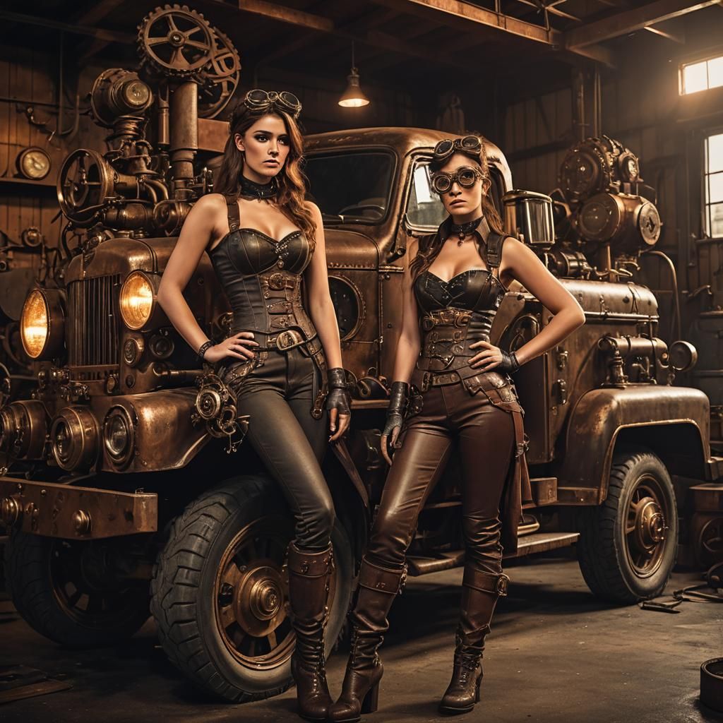 Steampunk Girl and Diesel Truck in Garage