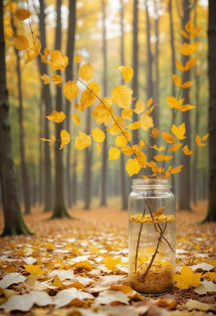 Golden Autumn Leaves in Forest, Soft Focus Photography