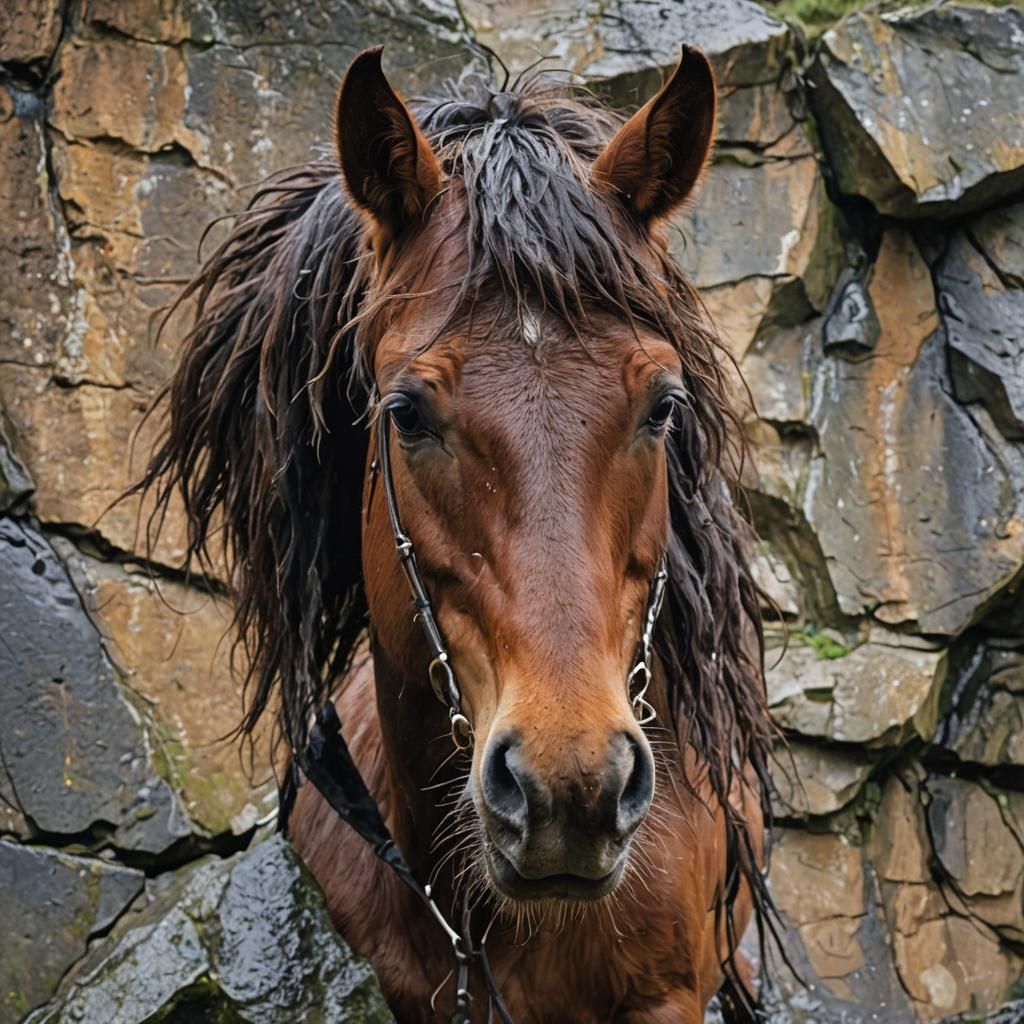 Wet Brown Horse Seeks Shelter Under Rock
