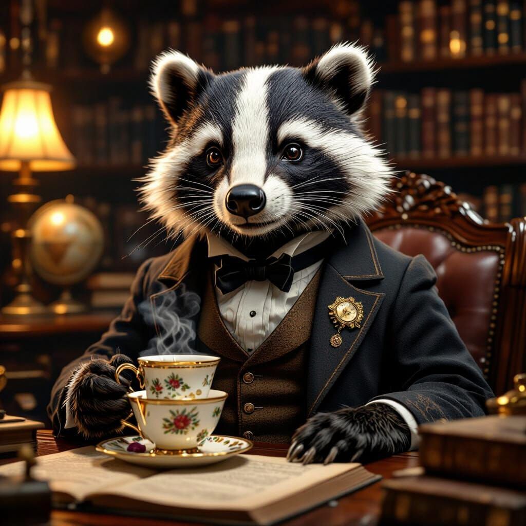 Dapper Badger Enjoys Tea in Victorian Study