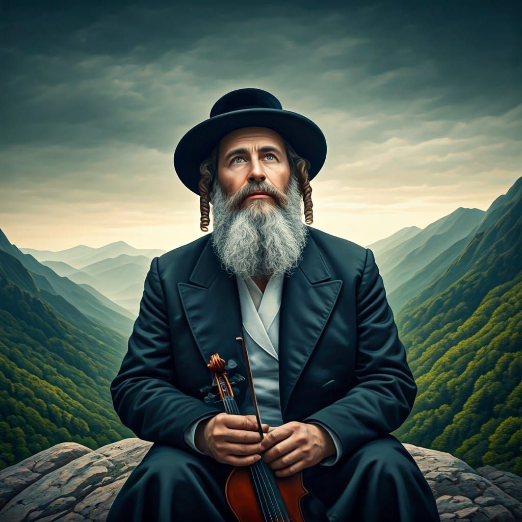 Contemplative Man with Violin on Mountain Top