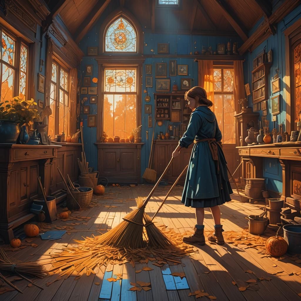 Girl Sweeping in Fantastical House