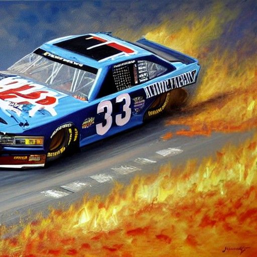 Nascar Crash Scene in Oil Painting Style