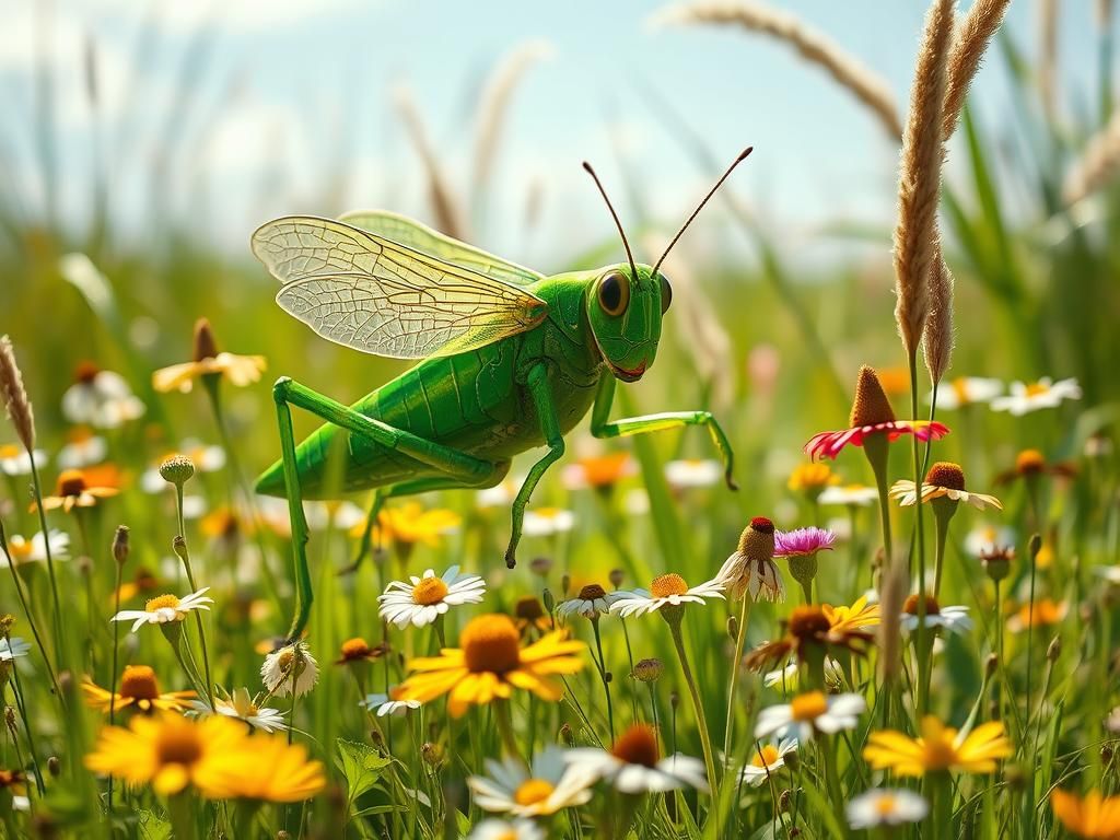 Giant Grasshopper in Wildflower Meadow, Impressionistic Styl...