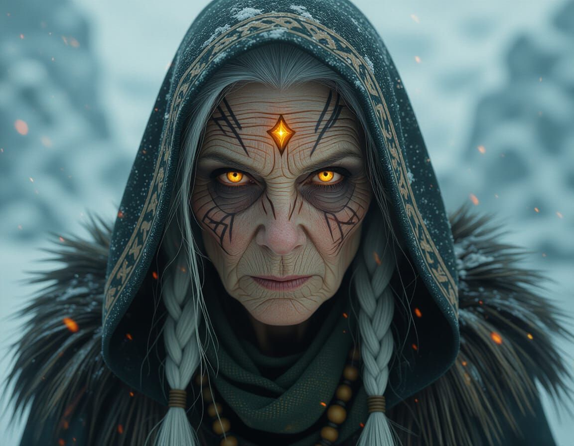 Norse Seeress Emerges from Darkness in Hyper-Realistic Style