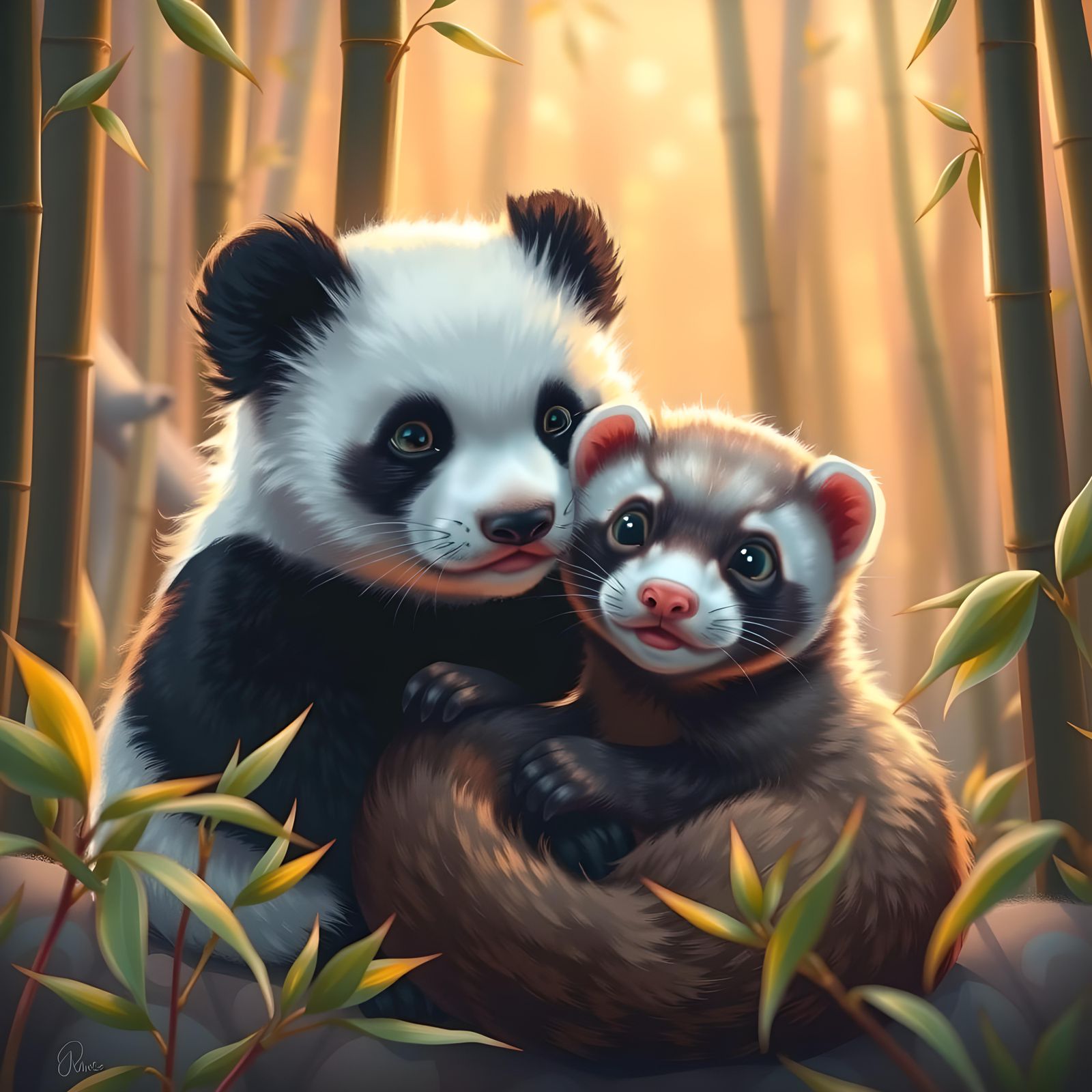 Panda Cuddling Ferret in Bamboo Forest