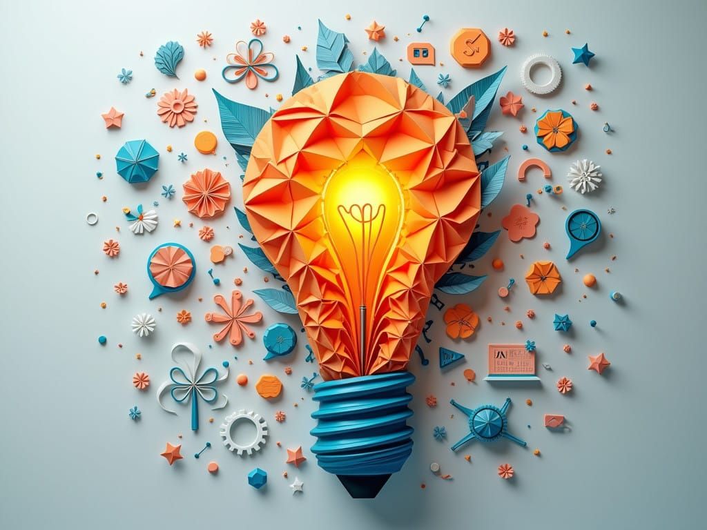 Origami AI Education Icons in Glowing Light Bulb