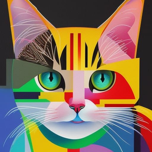 Rainbow Cat Face in Cubist Art Deco Style