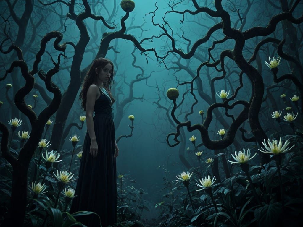 Creepy Garden with Bioluminescent Flora and Twisted Branches