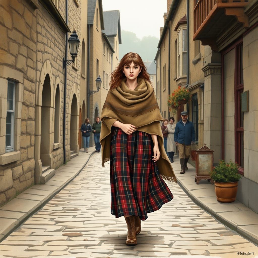 Woman in Tartan Skirt in Glenford: Watercolor Style