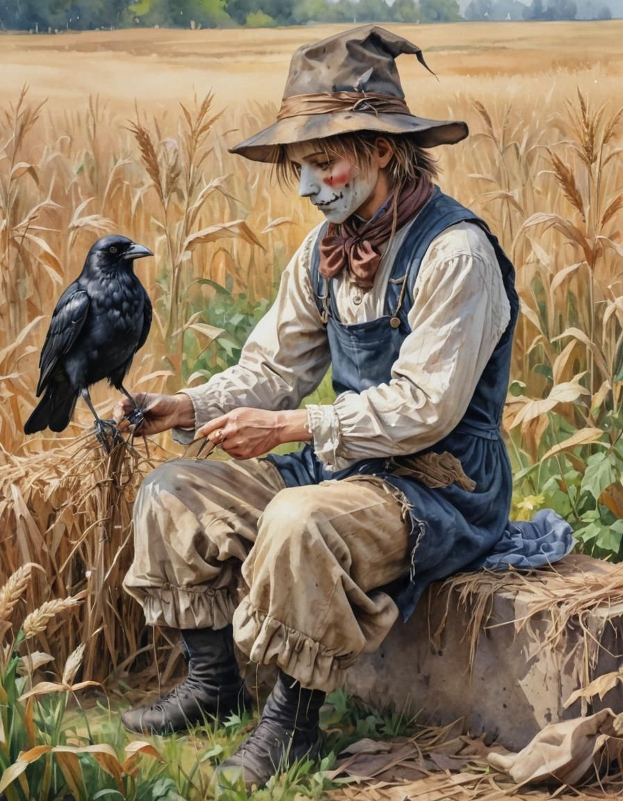 Scarecrow Mending Clothes with Crow, Watercolor Painting