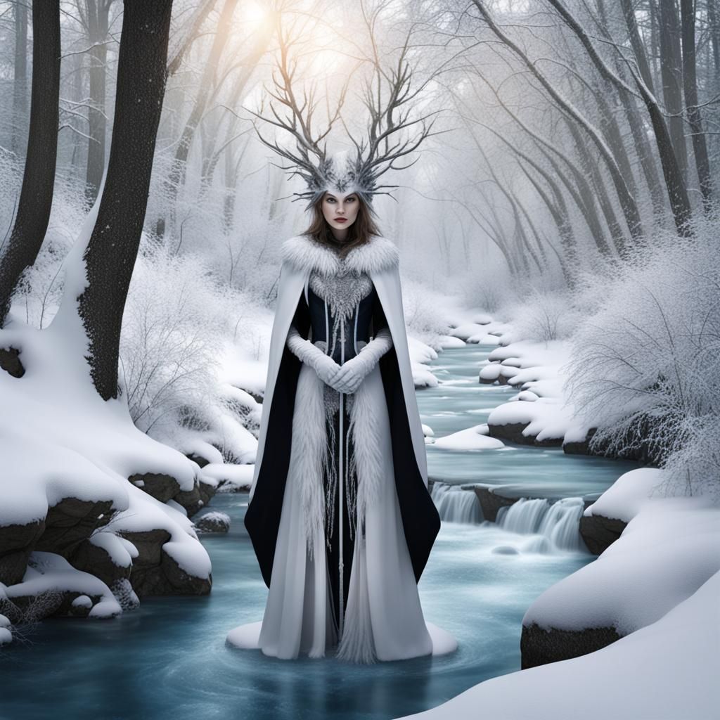 Snow Witch in Winter Forest Riverscape