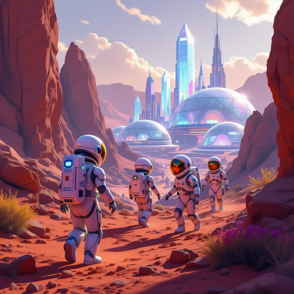 Children Playing Tag on Mars in Futuristic Space Suits