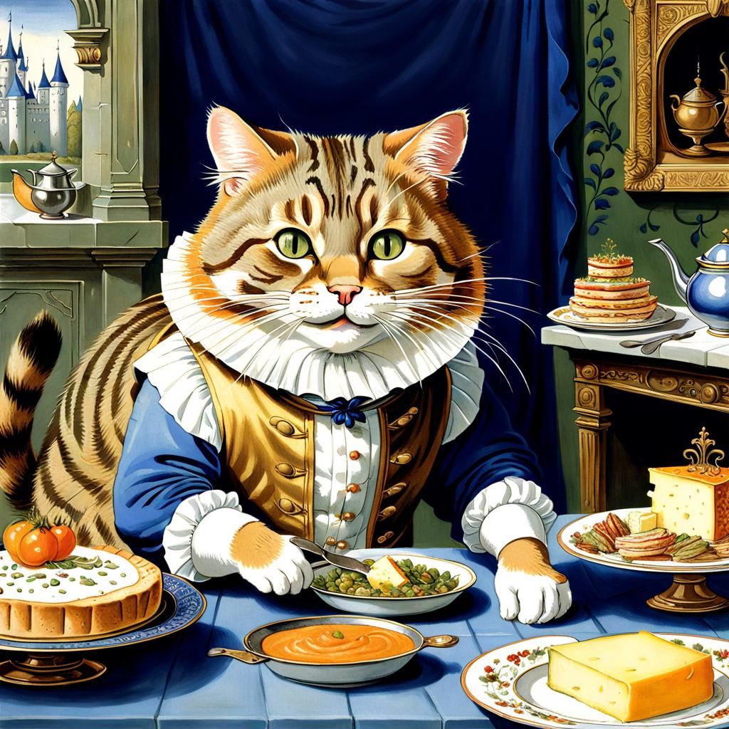 Royal Tabby Cat's Feast: An Illuminated Manuscript Painting