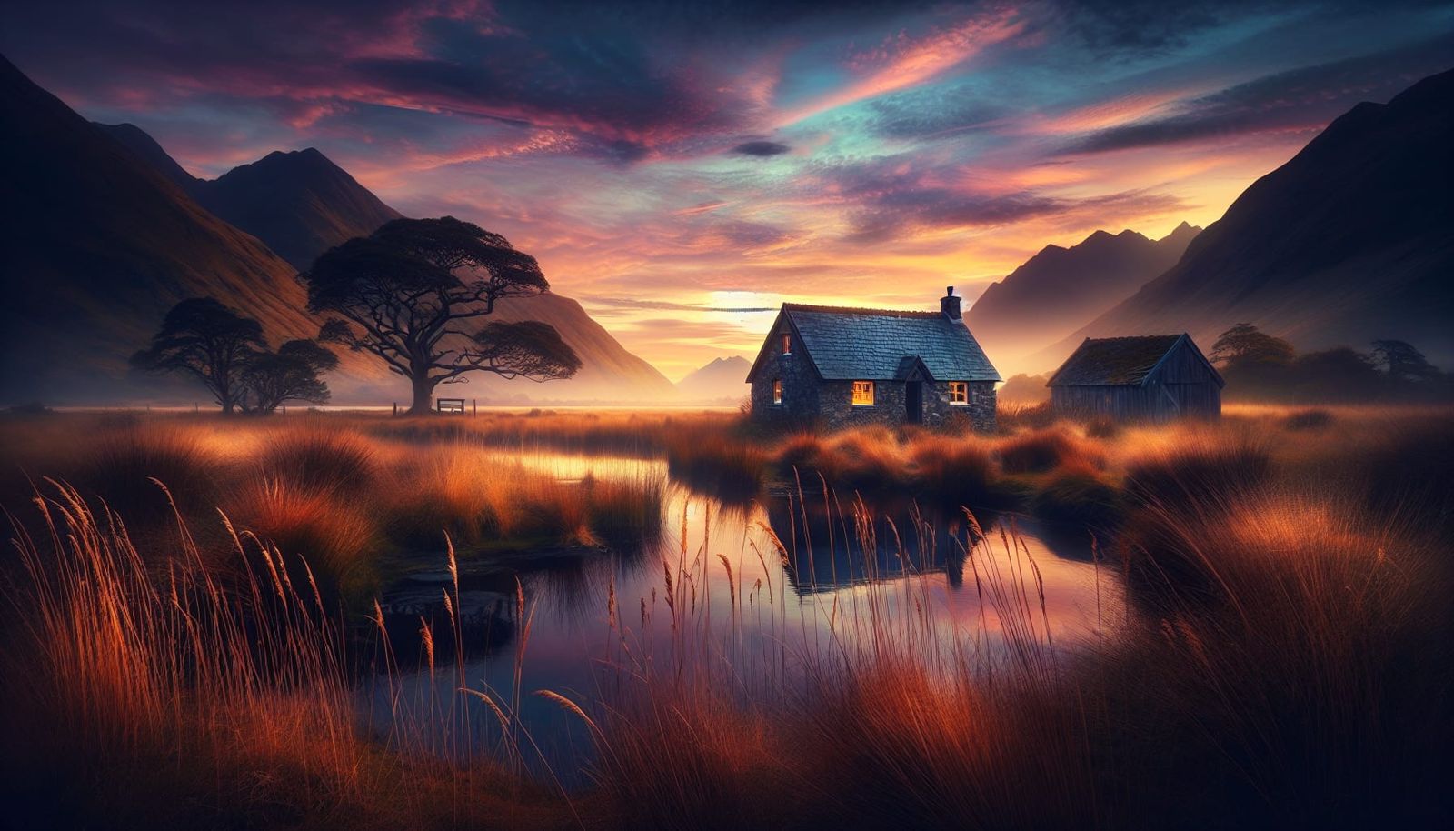 Twilight Cottage: Serene Landscape at Dusk