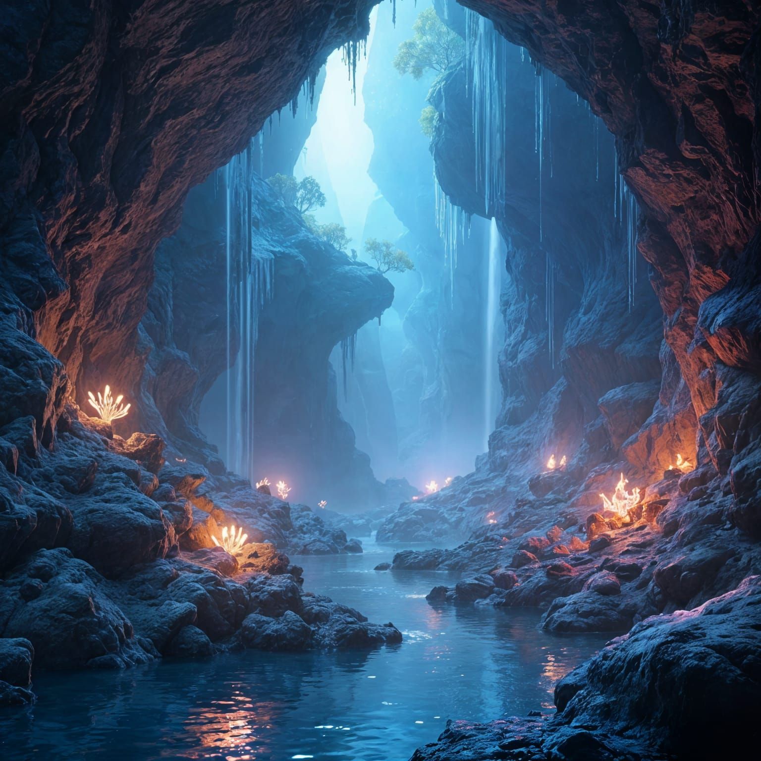 Surreal Bioluminescent Cave Unveiled in Hyperrealism