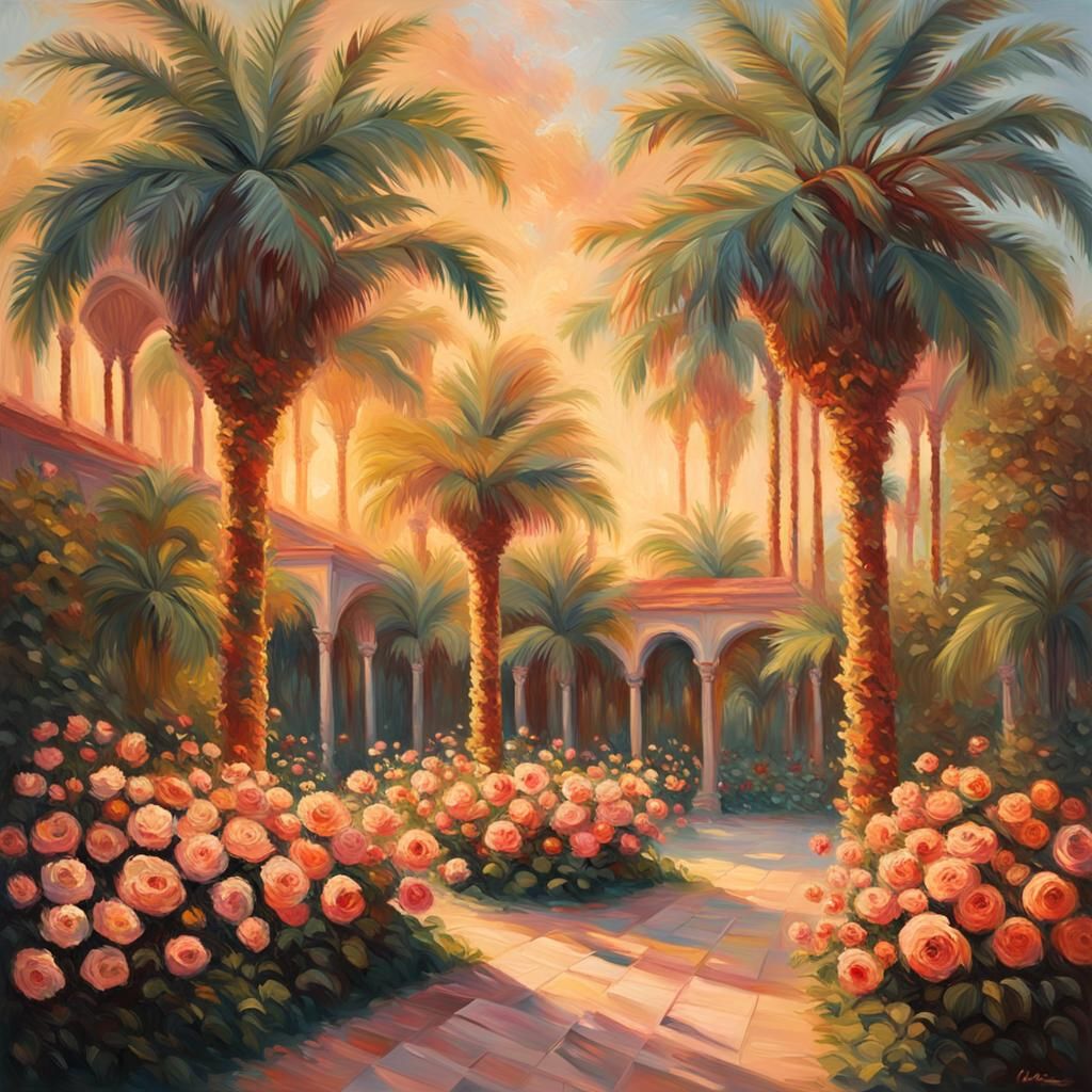 Rose Garden Oasis: Palm Trees in Impressionist Oil Painting