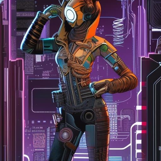 Cyberpunk Cyborg Hacker in Gritty Tech Noir Style