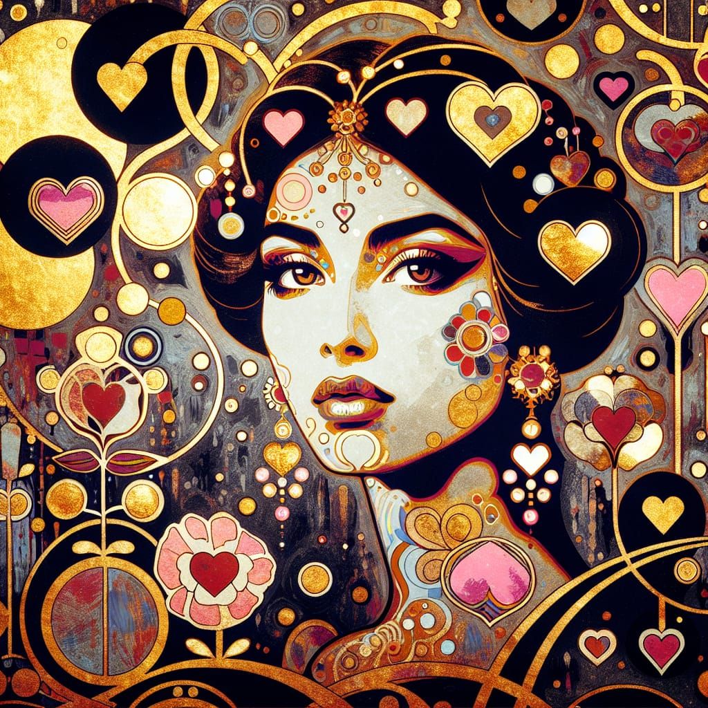 South Asian Woman in Avant-Garde Gouache Artwork with Golden...