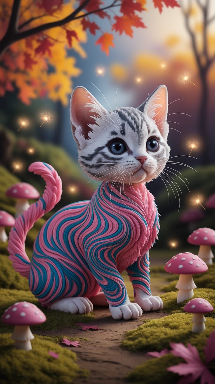 Playdough Kitten in Dreamlike Forest, Digital Art Illustrati...