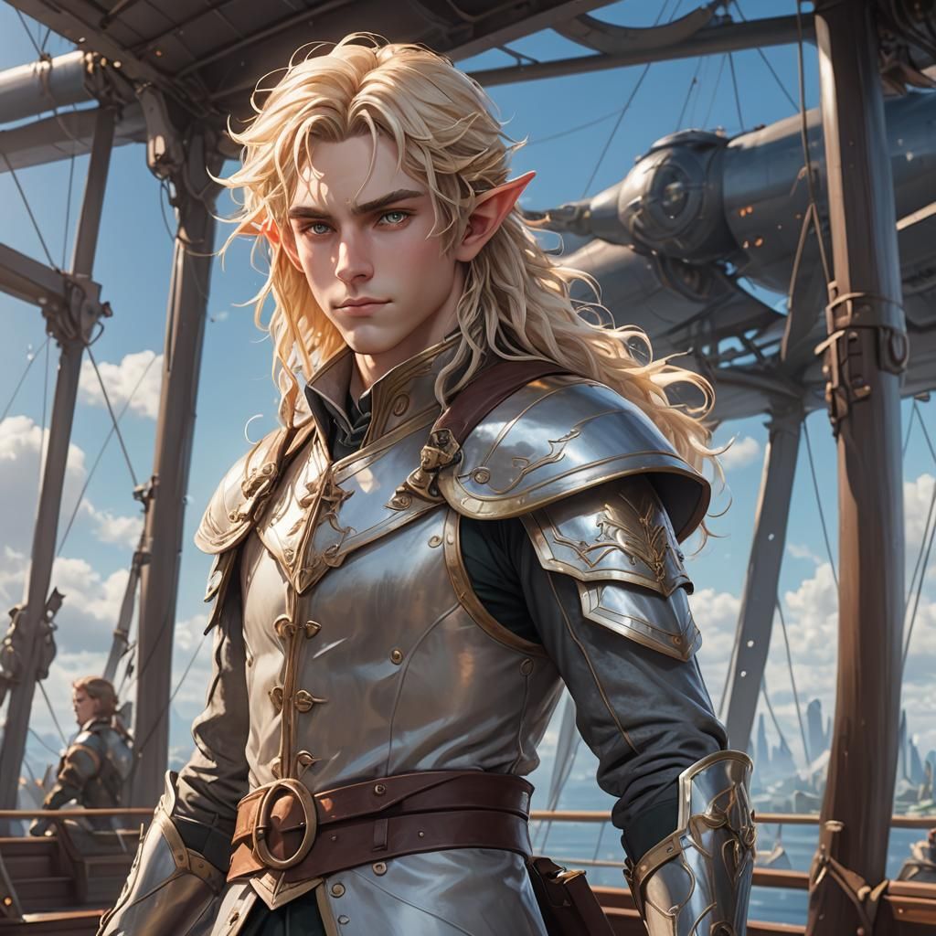 Proud Elf-Lord on Airship Deck in Anime Style