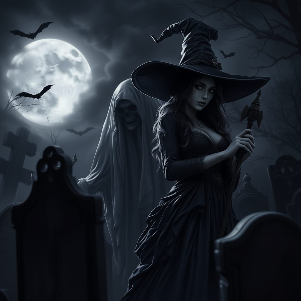 Creepy Ghost and Witch in Eerie Graveyard Monochrome